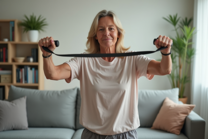 Femme d'âge moyen faisant des exercices avec bande de résistance dans un salon lumineux