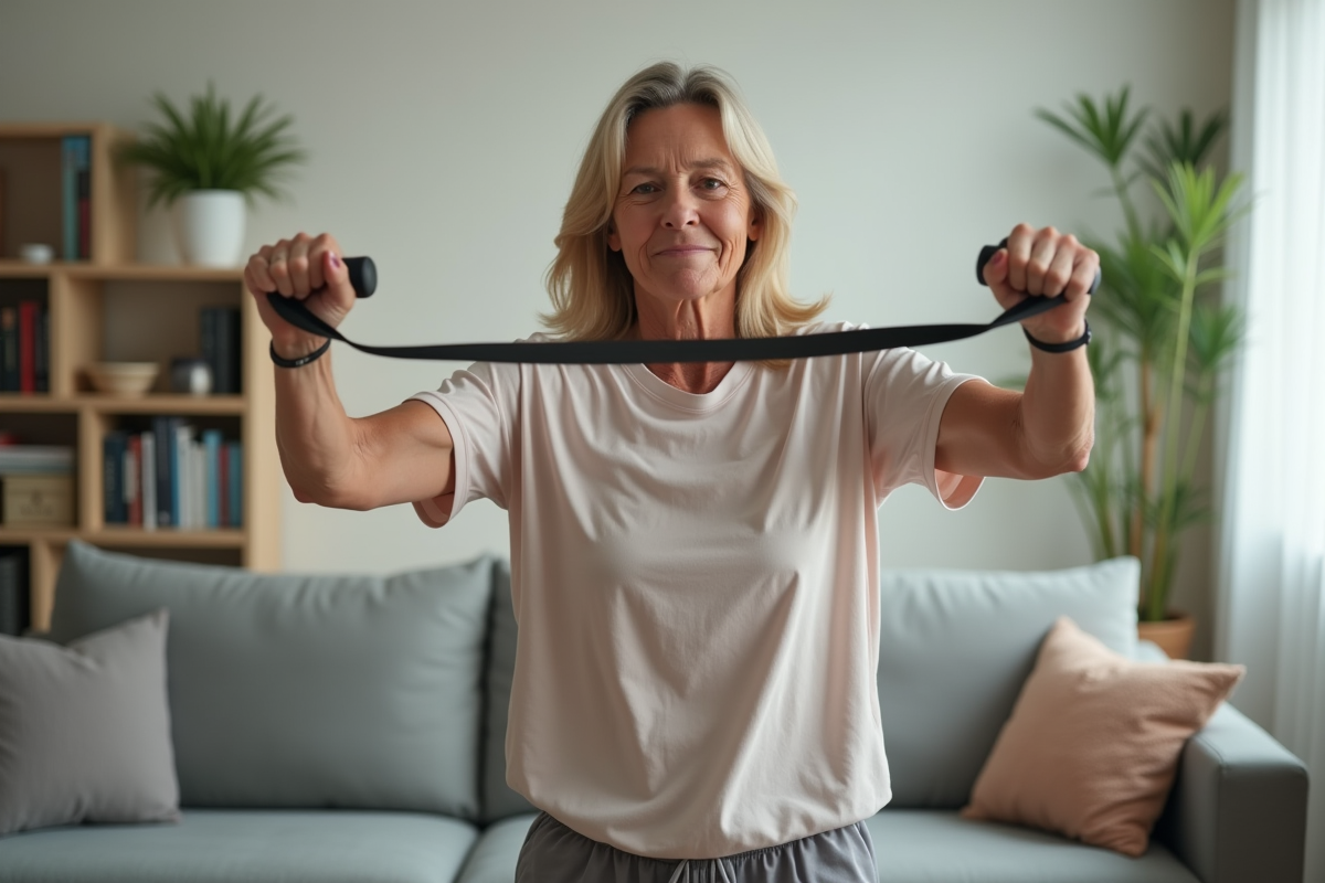 Femme d'âge moyen faisant des exercices avec bande de résistance dans un salon lumineux