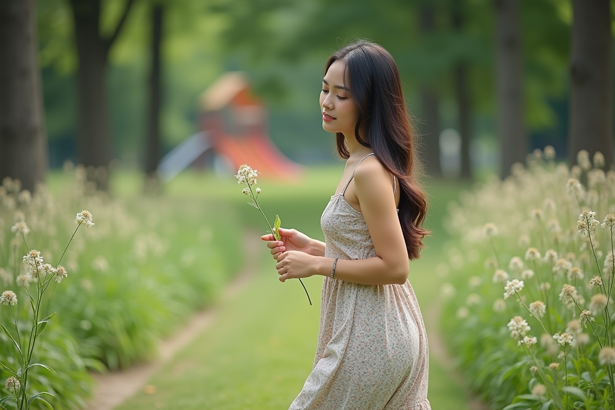 Femme marchant dans un parc verdoyant touchant des fleurs sauvages