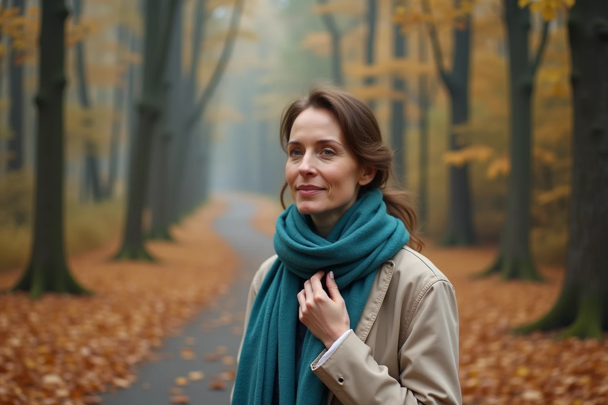 Femme en forêt touchant doucement sa gorge, symbolisant la prise de conscience des blocages énergétiques du chakra gorge