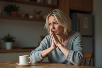 Femme d'une quarantaine d'années regardant ses mains avec inquiétude, symptômes de fourmillements dans les doigts