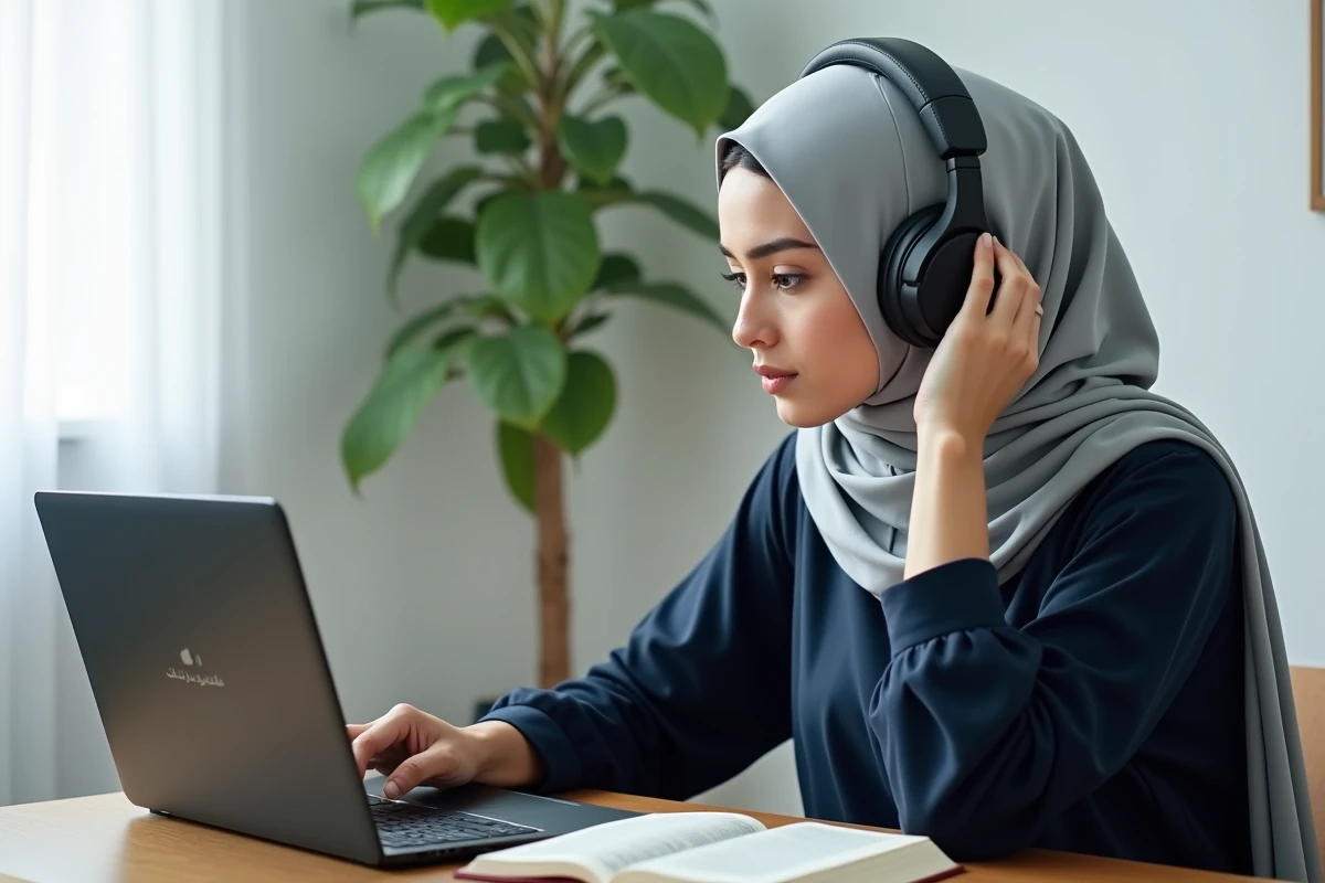 Jeune femme voilée écoutant des sourates de protection sur ordinateur portable avec casque audio