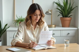 Femme consultant un journal de suivi bien-être sur 30 jours posé sur un bureau en bois, illustrant une analyse honnête des résultats Alviona