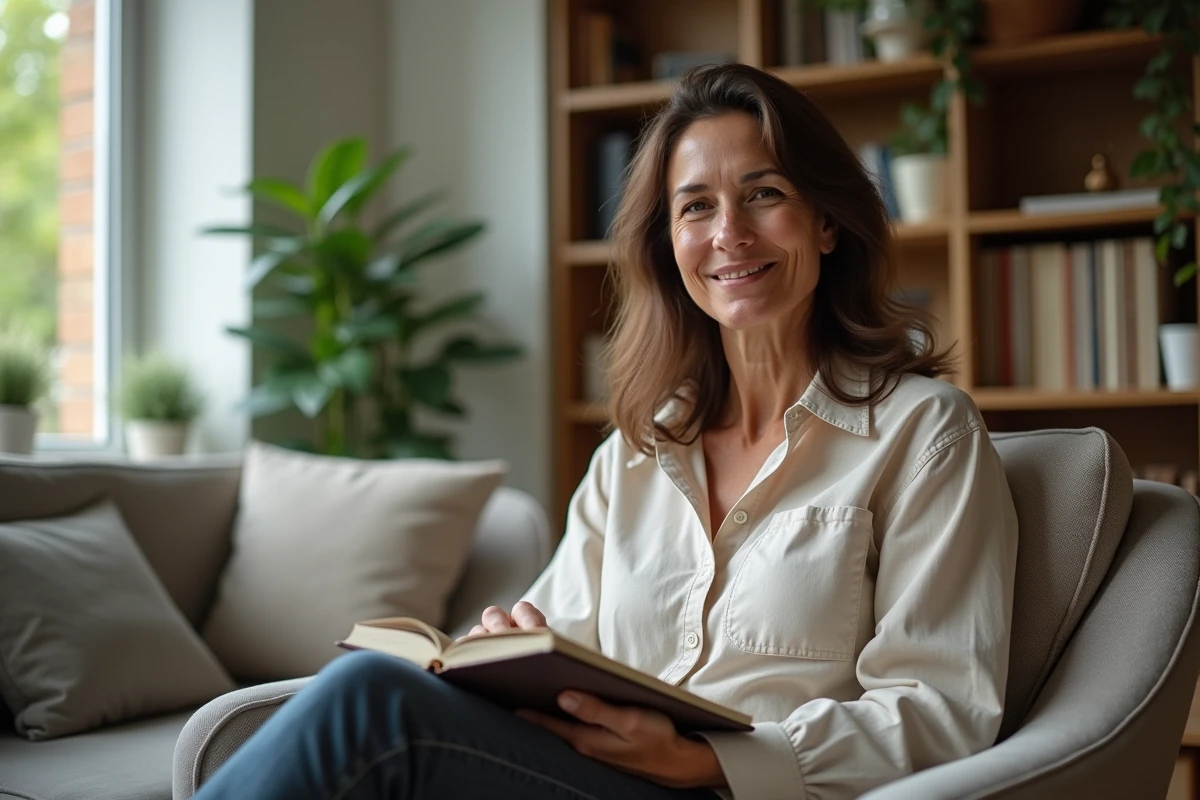 Femme détendue lisant dans un salon moderne