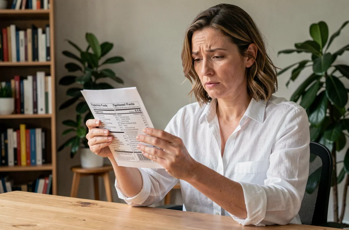 Femme lisant attentivement l'étiquette d'un complément alimentaire pour analyser sa composition