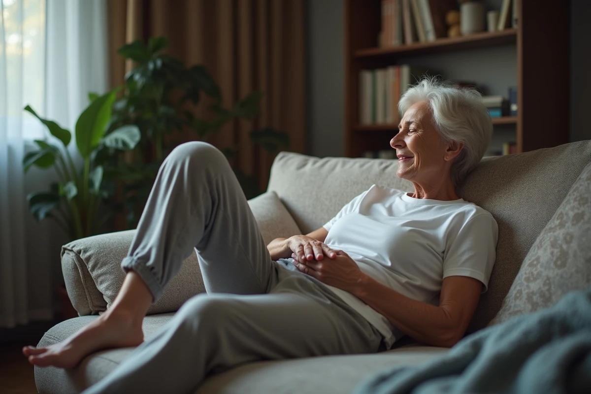 Femme âgée massant son mollet sur un canapé dans le salon
