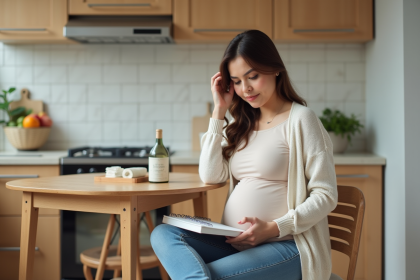 Femme enceinte r&eacute;fl&eacute;chissant &agrave; sa liste d'avoirs dans la cuisine