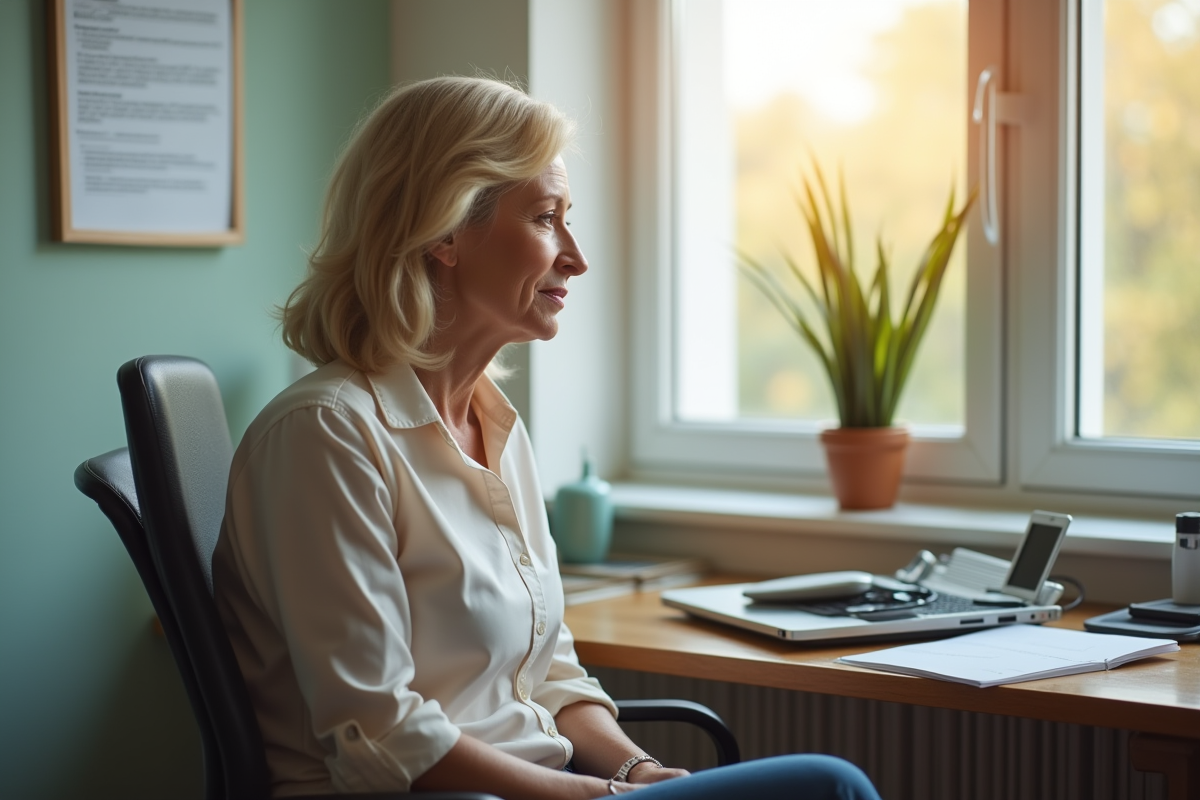 Femme medecin en consultation dans un cabinet ensoleille