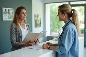 Femme d'âge moyen parlant avec une réceptionniste accueillante