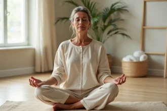 Femme en méditation avec tension visible dans la gorge et le cou, pratique de guérison du chakra gorge bloqué