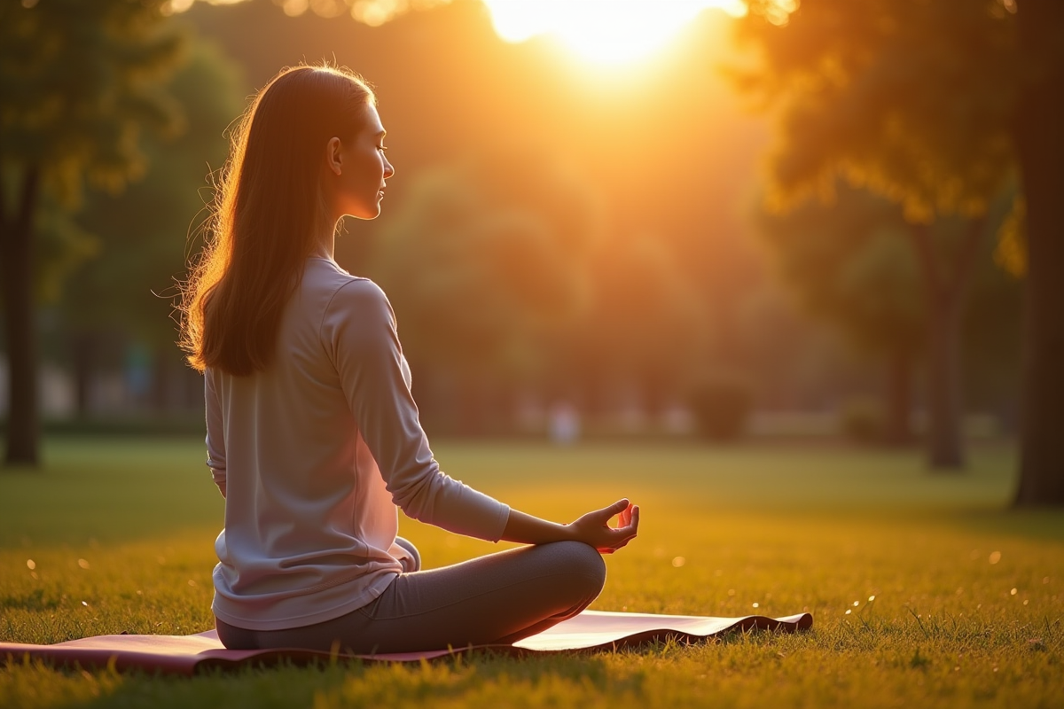 Jeune femme méditant dans un parc au lever du soleil