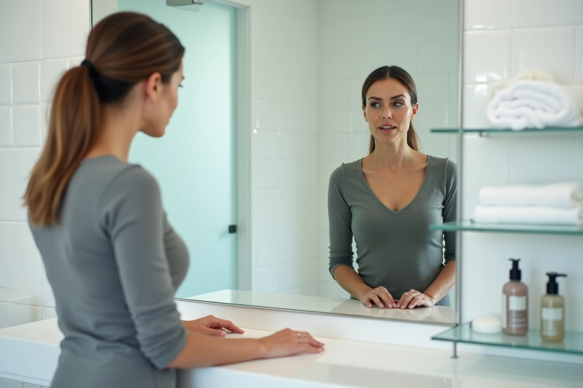 Femme observant son reflet dans un miroir de salle de bain moderne, évaluant les résultats visibles après 30 jours d'utilisation d'Alviona