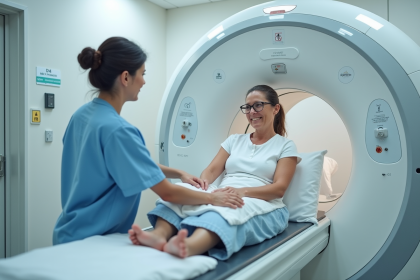 Femme d'&acirc;ge moyen sur un lit d'IRM dans un h&ocirc;pital