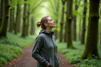 Femme en forêt respire profondément dans la nature