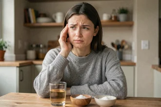 Femme se tenant l'oreille avec une expression d'inconfort doux, assise dans une cuisine avec des remèdes naturels pour déboucher les oreilles