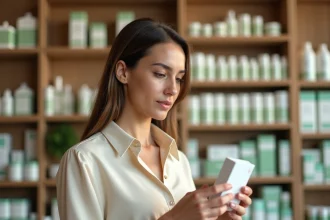 Femme lisant l'étiquette d'un produit Indiva System en pharmacie, avis consommatrice