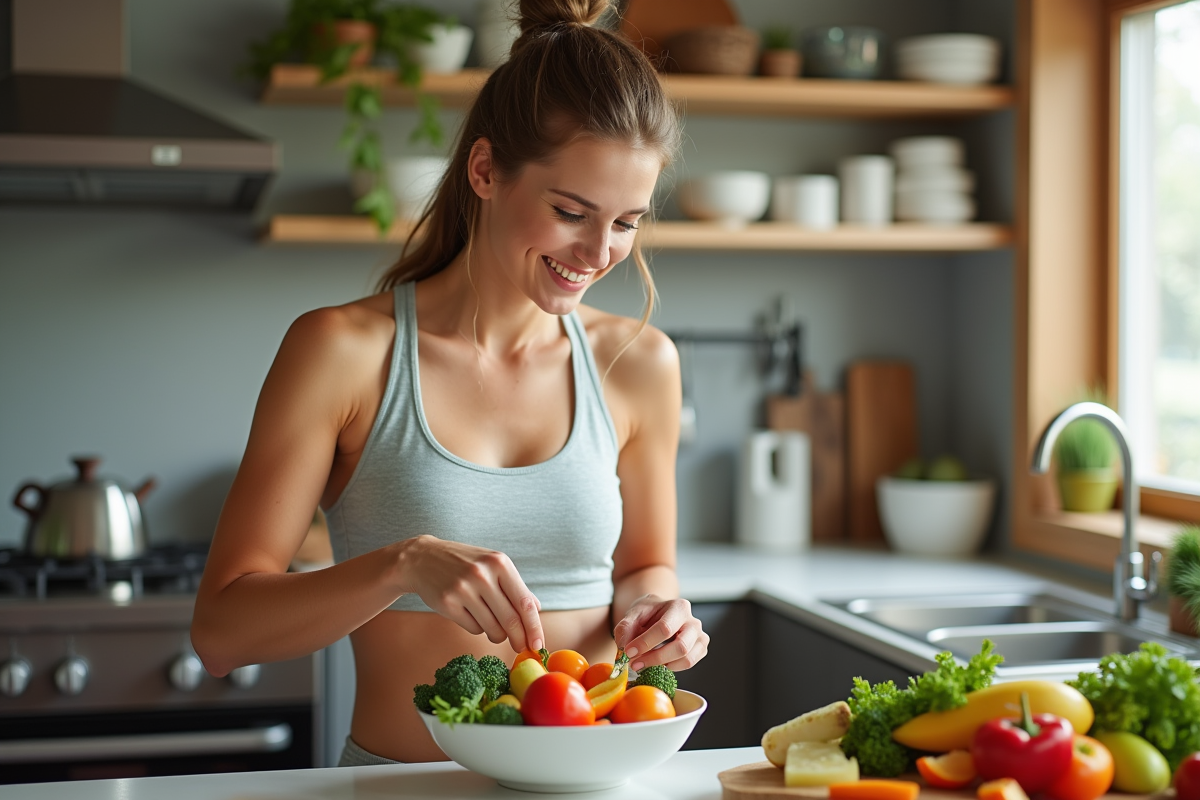 Femme en tenue de sport préparant une salade colorée