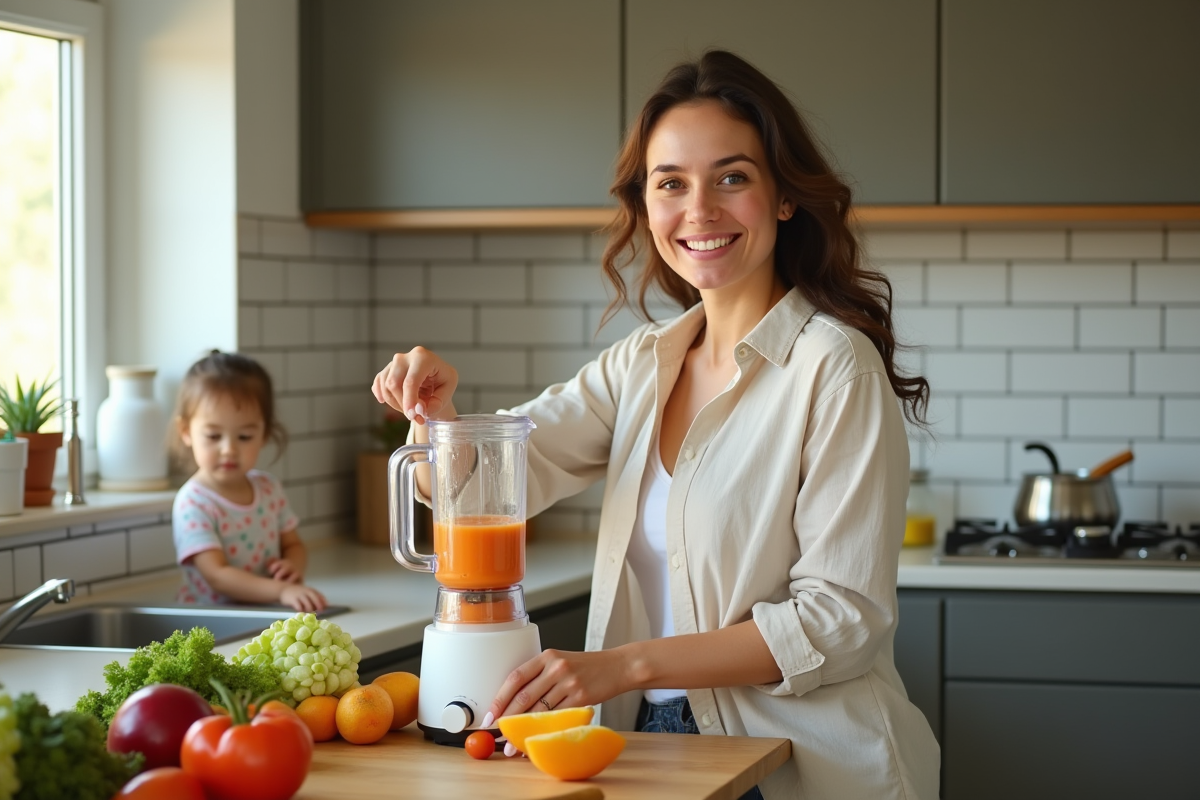 Femme préparant un smoothie dans la cuisine ensoleillée