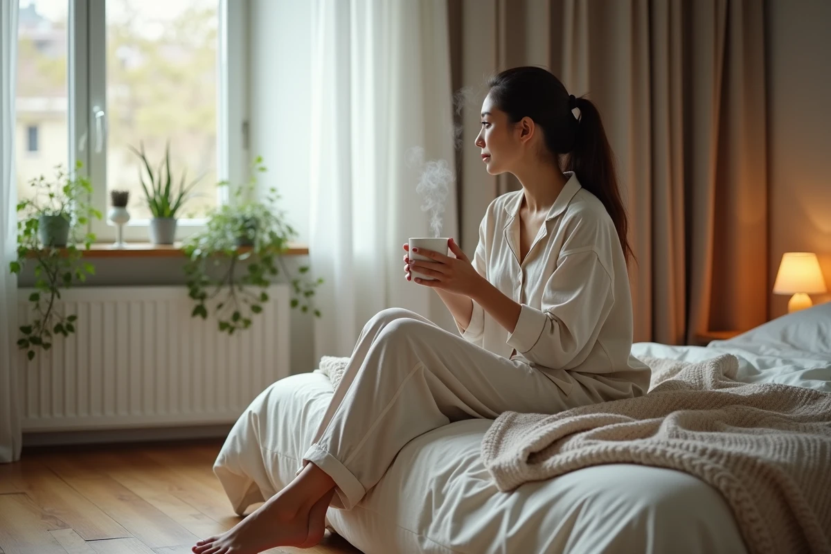 Femme en pyjama linen détendu regardant par la fenêtre