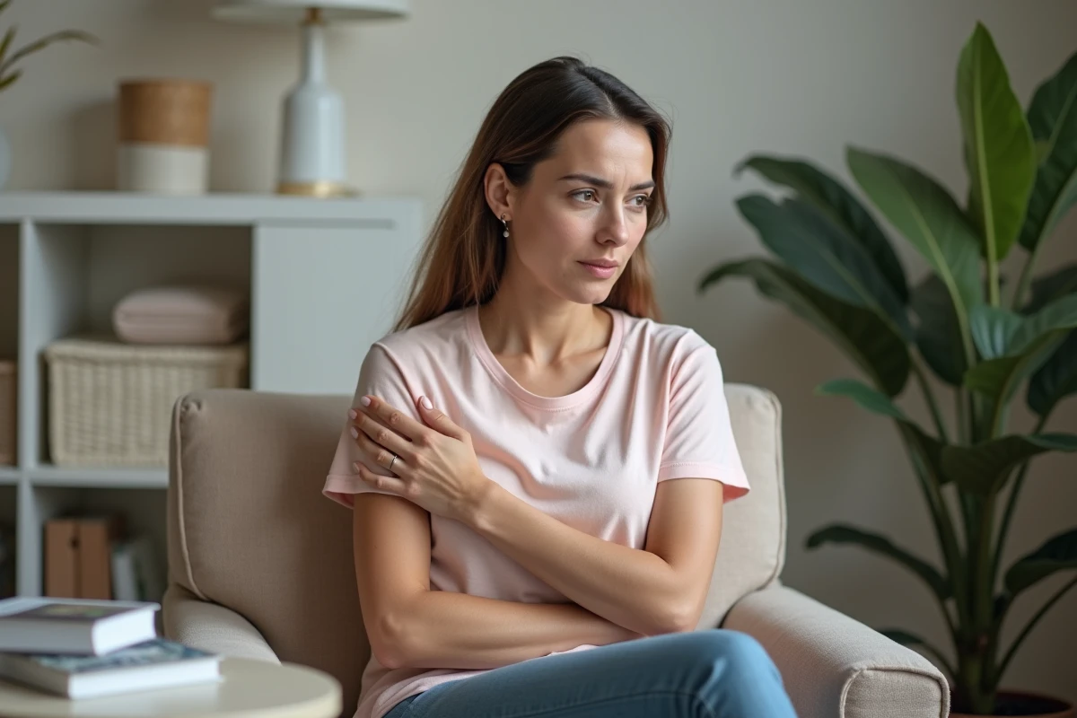 Femme en t-shirt pastel se touchant l'aisselle dans un salon calme