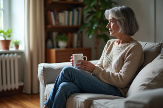 Femme d'âge moyen assise pensivement dans son salon