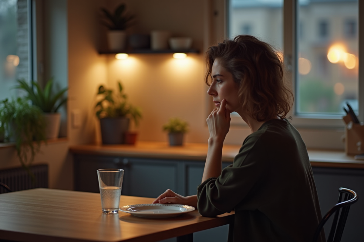 Femme pensante seule à la cuisine en soirée