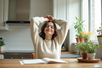 Femme détendue dans une cuisine lumineuse au matin
