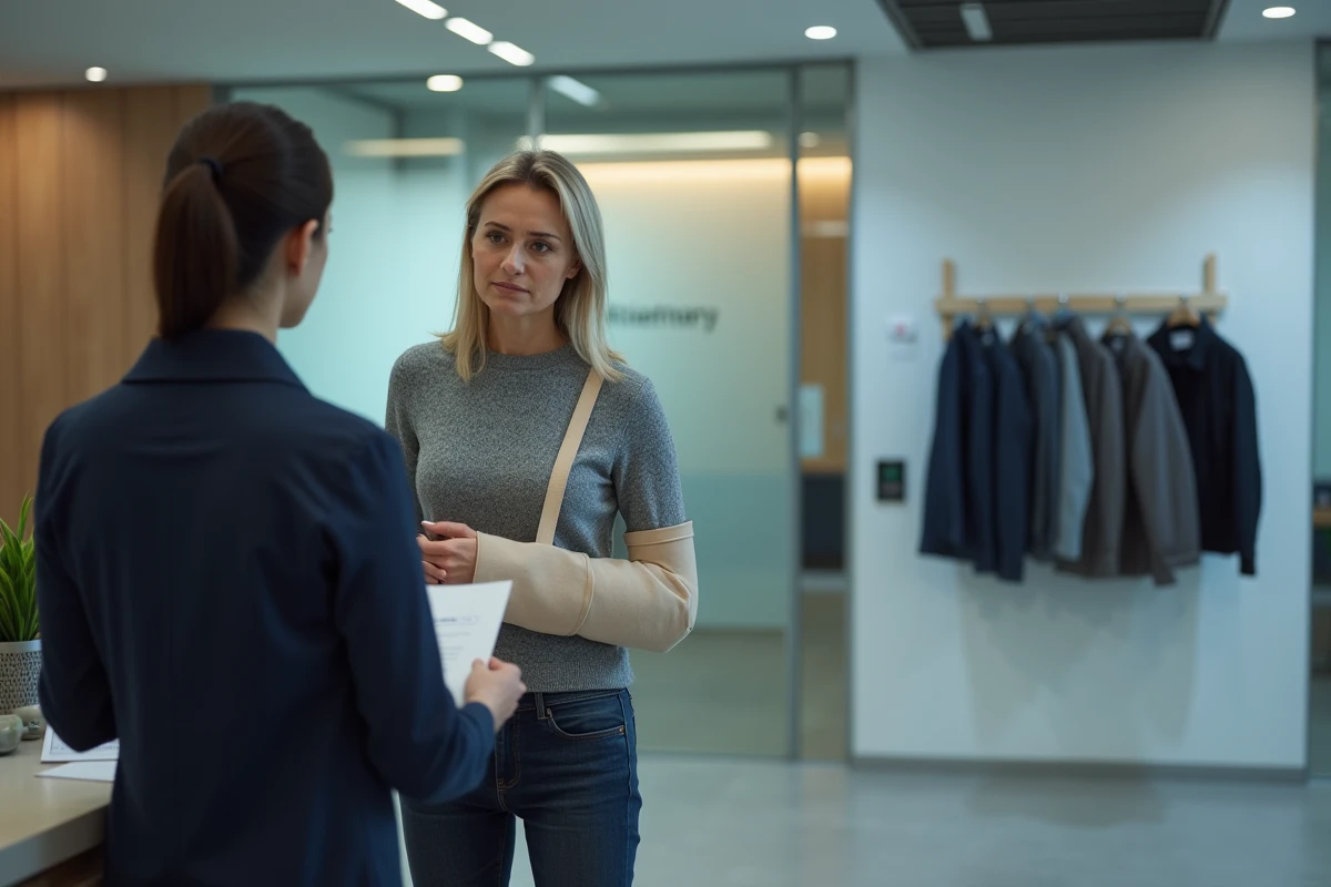 Femme avec blessure au bras reprenant le travail et remettant des documents à l'accueil de son entreprise