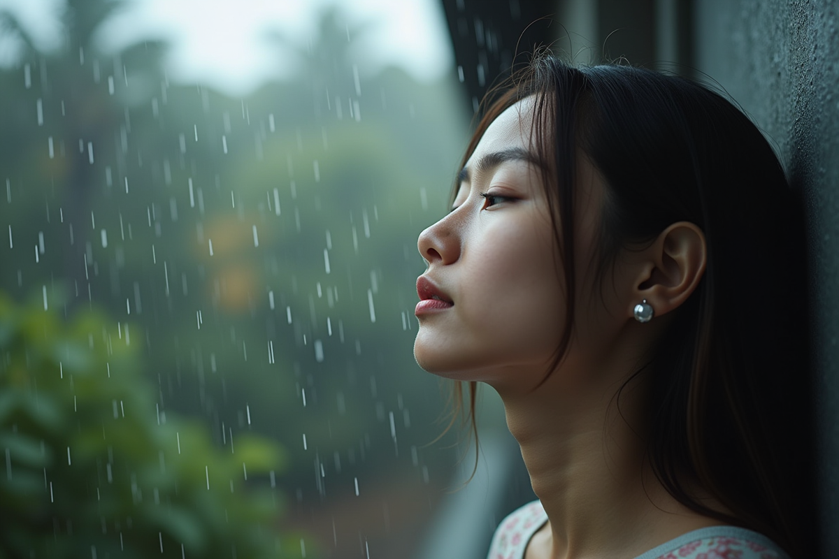 Jeune femme respirant sous la pluie en extérieur