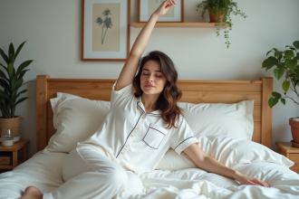 Femme en pyjama se réveillant paisiblement dans son lit