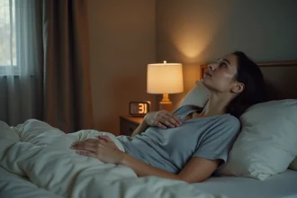 Femme réveillée en pleine nuit fixant le plafond dans une chambre moderne, illustrant les troubles du sommeil nocturne