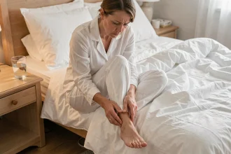 Femme d'âge mûr au réveil examinant son pied avec une sensation de brûlure, assise sur le bord du lit