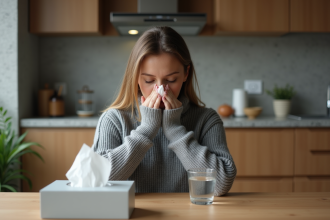 Femme assise à la maison se mouchant dans un tissu
