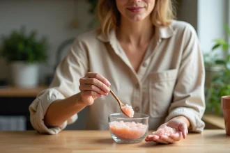 Femme saupoudrant du sel rose dans une eau dans la cuisine