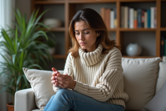 Femme assise sur un canap&eacute; dans un salon calme