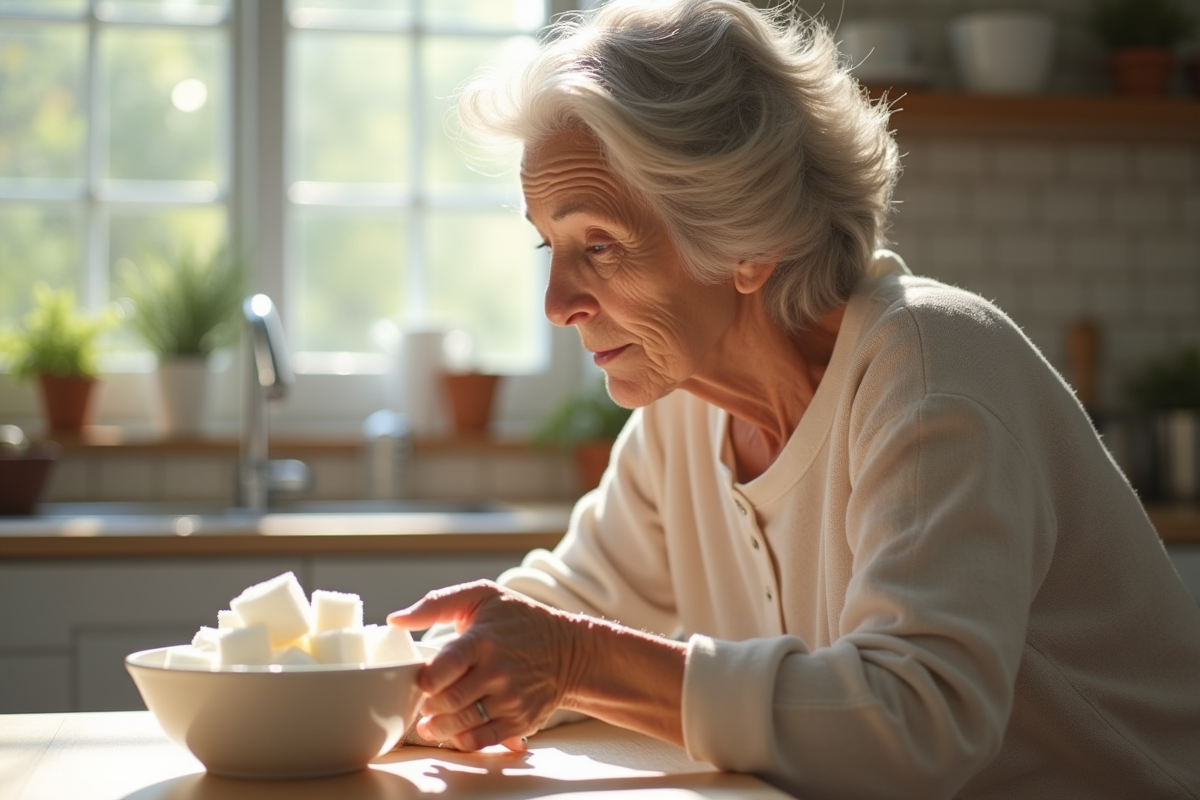 Femme âgée regardant un bol de sucre dans une cuisine lumineuse