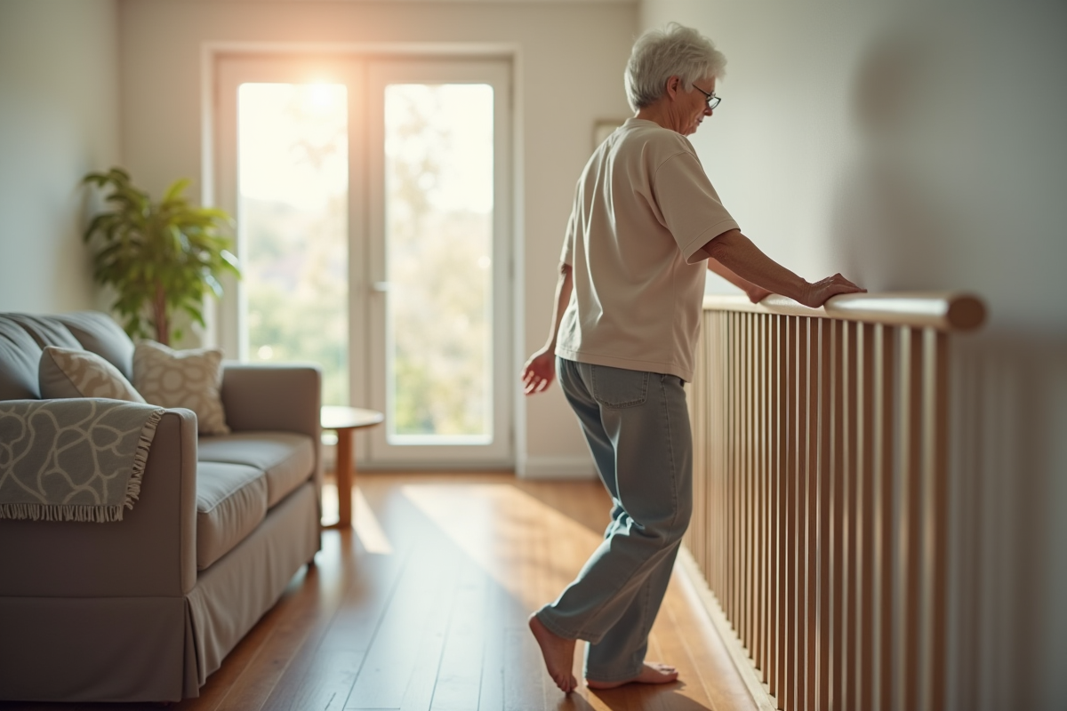 Femme senior utilisant une rampe pour marcher en toute sécurité
