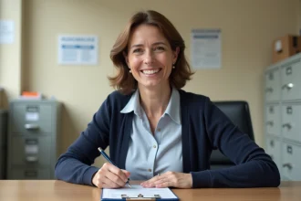 Femme souriante avec carte Vitale dans un bureau français