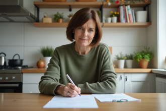 Femme d'âge moyen remplissant des documents de santé à la maison