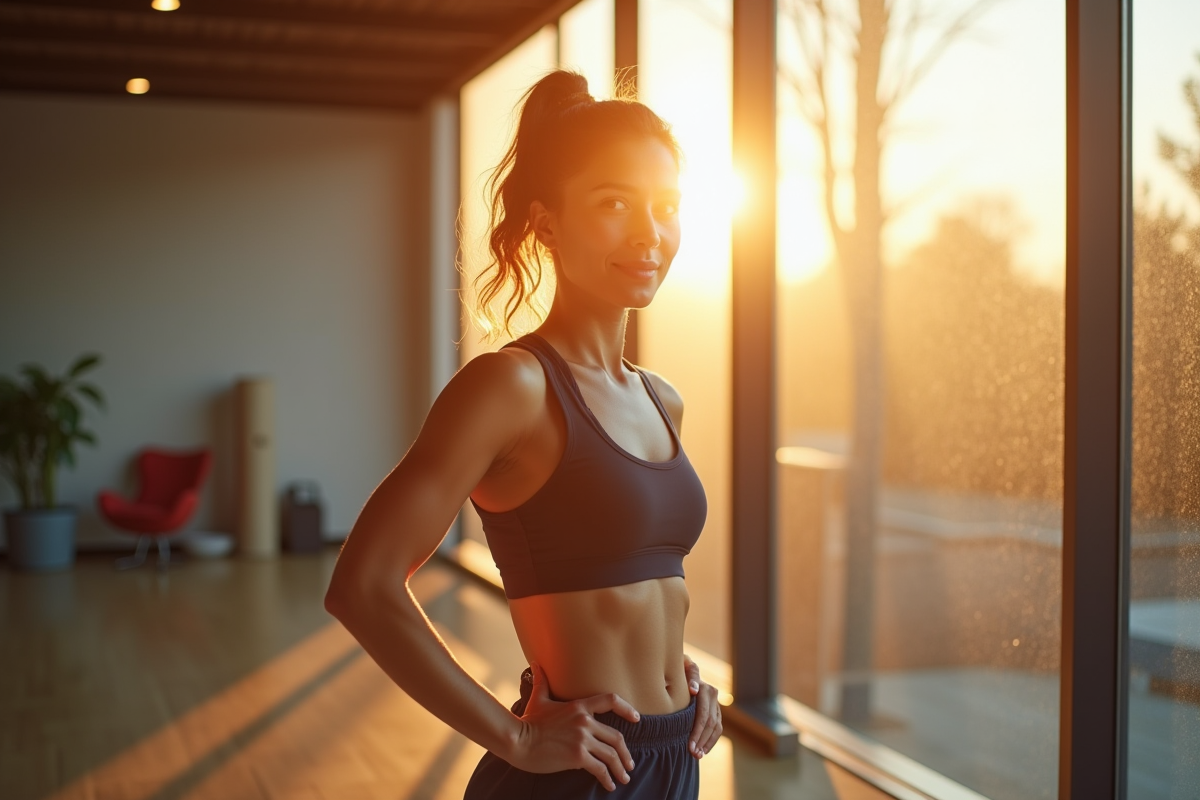 Jeune femme sportive debout près d'une fenêtre ensoleillée