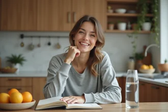 Femme souriante en tenue sportive dans une cuisine chaleureuse