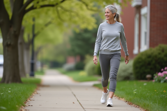 Femme d'âge moyen marchant doucement dans un quartier résidentiel