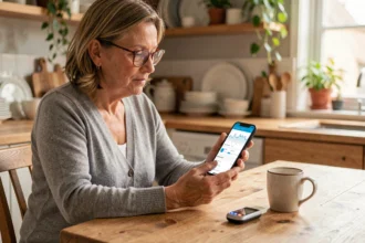 Femme d'âge mûr consultant une application de suivi diabétique sur smartphone à sa table de cuisine avec un glucomètre posé à côté