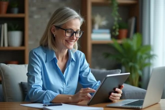 Femme d'&acirc;ge moyen utilisant une tablette sant&eacute; &agrave; domicile