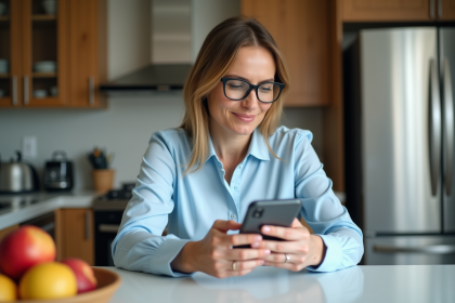 Femme au t&eacute;l&eacute;phone dans une cuisine moderne et chaleureuse