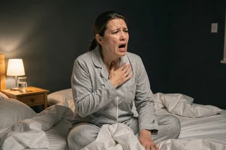 Femme adulte assise dans son lit la nuit avec une quinte de toux, main sur la poitrine, expression de fatigue