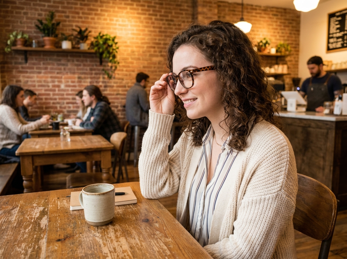Jeune femme ajustant ses lunettes dans un café chaleureux