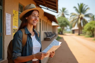 Jeune femme souriante v&eacute;rifiant sa carte de vaccination en Tanzanie