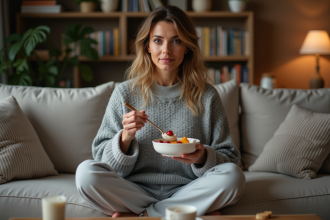 Femme mangeant un bol de yogourt et fruits dans un salon cosy