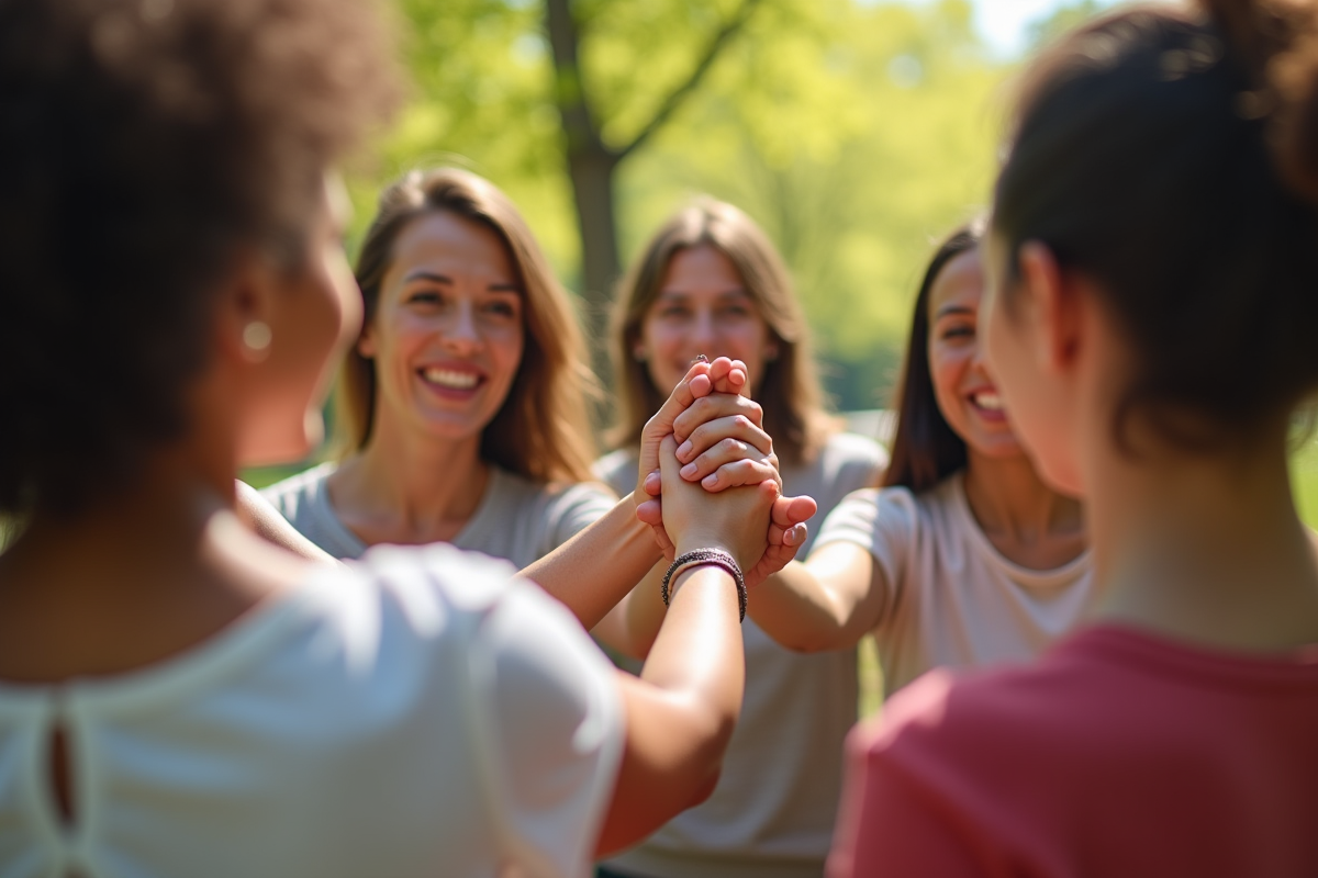 Groupe de femmes main dans la main dans un parc lumineux